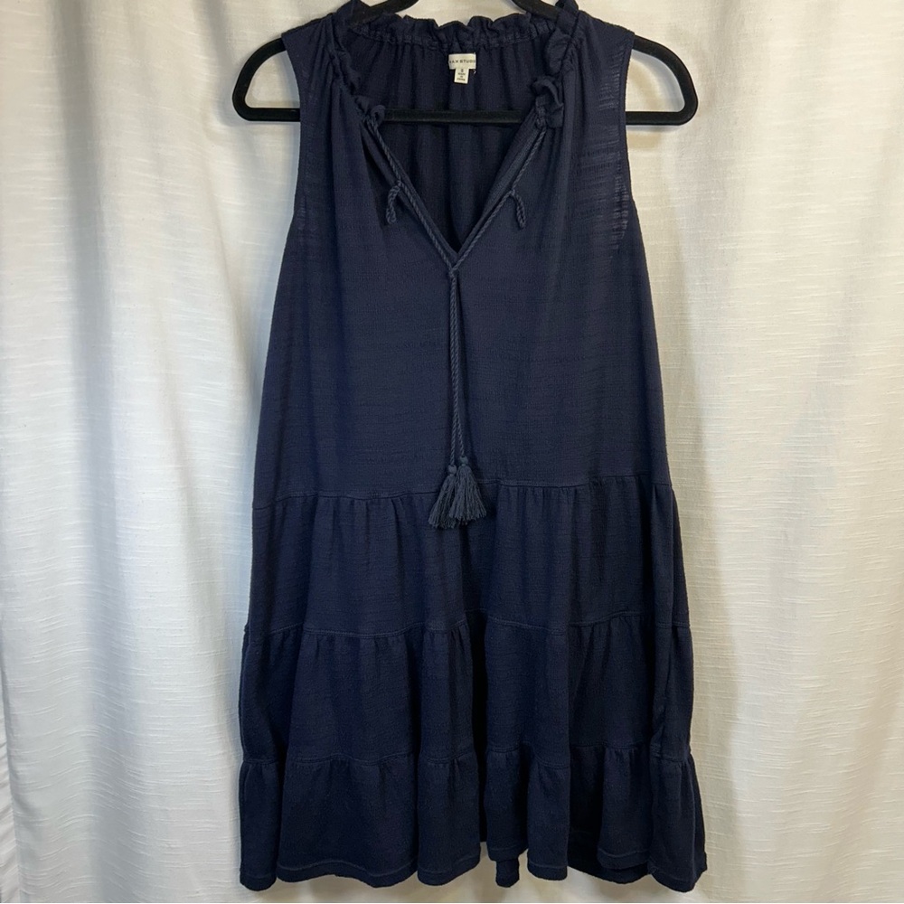 Max Studio Dress NavyBlue Sleeveless Neck Tie Tiered Shirt Dress Size Small